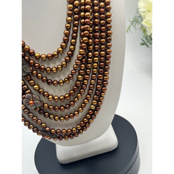 MultiStrand  Chocolate Pearls‎ Brown Copper-colored pearls Pearl Bib necklace - Picture 13 of 14